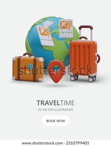 Vertical advertising of tourist trips. 3D Earth with red geotag, suitcase, luggage, airline tickets. Layout with free space at bottom for text. Button link to booking page