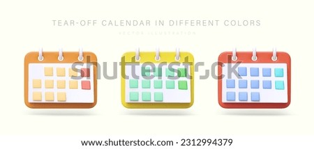 Set of tear off calendars in different colors. 3D planners with day markings. Weekdays and weekends. Time management, meeting planning. Appointment calendar. 3D vector icons
