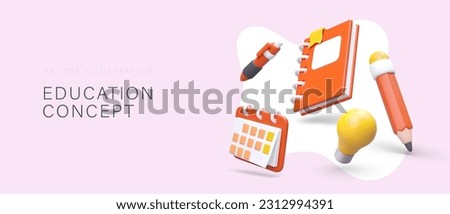 Promo poster for university concept. 3d realistic notebook, pencil, bulb, pen and calendar. Stationery and school supplies store. Colorful vector illustration in cartoon style with pink background