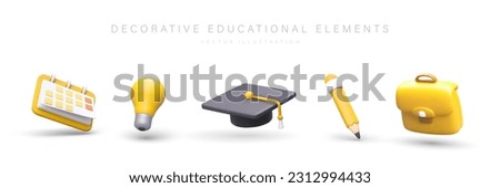 Student supplies. Set of isometric illustrations for educational sites, applications. Cute 3D icons. Calendar, light bulb, graduate hat, pencil, briefcase