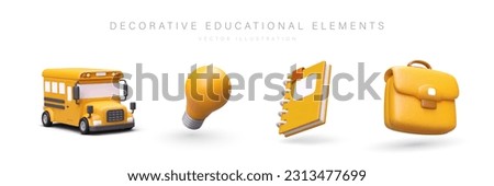 Collection of 3D yellow school icons. Set of decorative educational elements. School bus, light bulb, notebook, briefcase. Cartoon positive illustrations