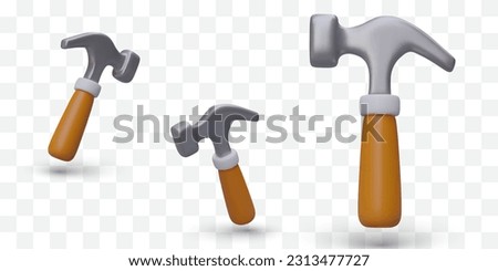 Set of 3D metal hammers with wooden handle. Traditional hand tool for repair, construction. Realistic modern icons with shadows. Carpentry tool. Isolated image