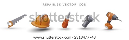 Realistic 3d vector icons with different repair tools. Web poster with saw, helmet, screwdriver, bolt, drill and place for text. Colorful vector illustration in cartoon style