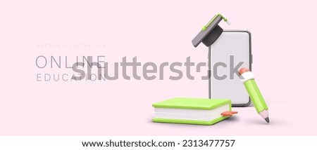 Online education concept. Web poster with realistic 3d smartphone, pencil and book. Idea for online school with pink background. Colorful vector illustration in cartoon style