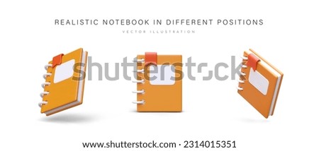 Realistic notebook in different positions. 3D planner with spring and bright bookmark. Blank space for signature on cover. Isolated icons with shadows on white background