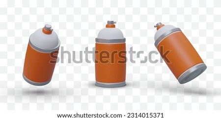 Set of 3D cans with sprayer. Sprays for repair, construction, painting works. Aerosol paint. Orange pressurized cylinders. Isolated icons. Hair spray, deodorant, disinfectant