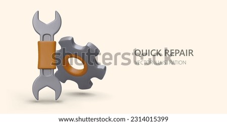 Web poster with realistic repair tool kit. 3d wrench and metal gear. Quick repair, overhaul tool concept. Vector illustration in cartoon style with background in warm colors