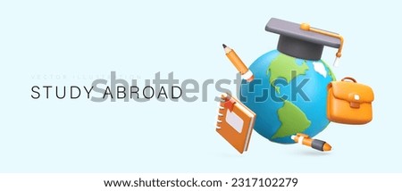 Student programs for education abroad. Trips to other countries. Language tours, summer camps. Advertising horizontal vector banner with realistic elements