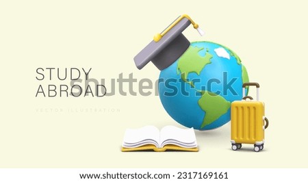 Study abroad. 3D globe in graduate hat, suitcase, book. Educational institutions with high rating. Vector concept for travel agencies, educational programs. Assistance in obtaining student visa