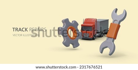 Truck repair. Auto mechanic service center. Advertising vector concept for car repair shop. 3D truck, gear, wrench. Original parts, professional diagnostics