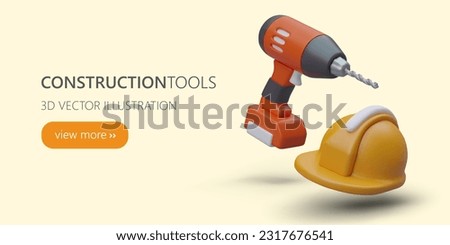 Tools for construction. Large selection of electrical appliances, protective accessories. Poster for web design with realistic image. Template with view more button