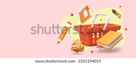 Fair of school stationery. 3D shopping cart with student supplies. Book, pen, pencil, backpack, notebook. Advertising poster in red tones. Place for promotional announcement, dates