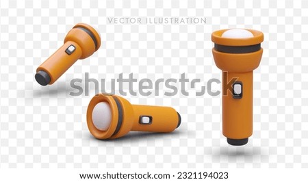 Set of 3D flashlights in cartoon style. Colored hand held tourist lamps. View, side, front, back. Isolated vector image with shadows. Rechargeable flashlight