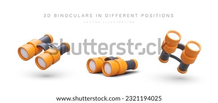 3D binoculars in different positions. Device for distant vision. Orange black vector binoculars with shadows. Isolated volumetric modern icons. Symbol of search, discover