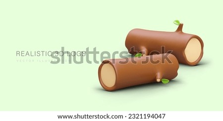 Poster with 3D logs. Sawn wide tree trunks with brown bark. Natural material for construction, furniture production. Advertising template for logging, sawmill, woodworking business