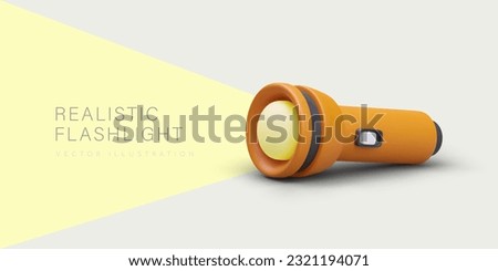 Isometric orange flashlight. Modern lighting device is on. Colorful vector illustration in cartoon style. Advertising banner with text on illuminated part