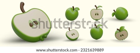 Set of 3D apples in cartoon style. Ripe green fruits with leaves. Juicy sweet natural products. Whole apples, halves, pieces. Ingredients for baking, jam, juices. Color icons with shadows