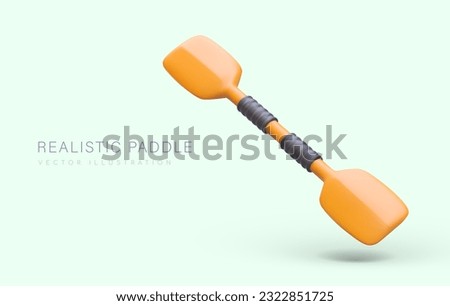 Realistic oar with two blades. Modern tourist equipment for kayaking. Paddle with convenient attachments for palms. Horizontal poster with space for text. Concept for travel sites