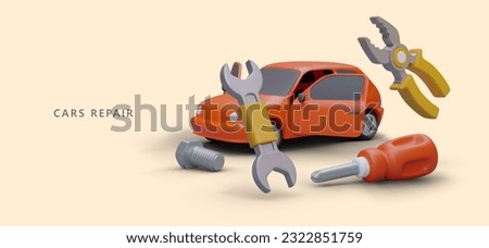 Emergency roadside assistance. Automobile club membership, support program. Car repair. 3D passenger car, fixing tools. Poster with illustration in plasticine style
