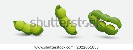 Set of 3D peas in open pods. Ripe green peas, various vector images. Natural products, ready to use. Vegetable legumes. Isolated isometric icons with shadows