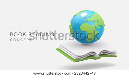 Whole world in book. Earth on top of open volume. Vector concept of reading books. Poster on light background with place for text. Ability to read, find information, develop