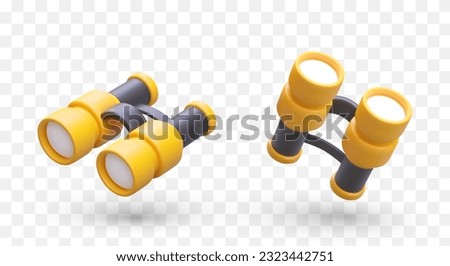 Yellow binoculars isolated, top view, bottom view. Color illustration with shadows. Equipment for remote viewing. Spy symbol. Set of binoculars for camping, tourism
