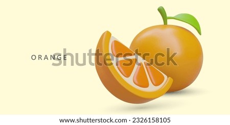 3D citrus fruit outside and inside. Sliced and whole orange. Tangerine slice. Fragrant sweet unpeeled fruit. Natural vegetarian sweets. Color poster with text