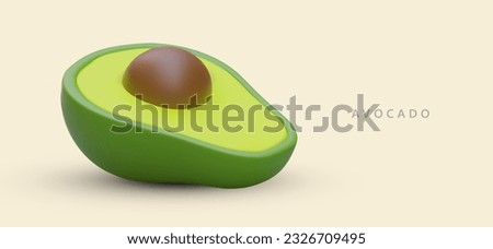 Half of ripe green avocado with brown pit. 3D vector illustration on horizontal poster. Fruit for burning fat. Concept for culinary sites, marathon training diet apps, recipe collections
