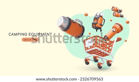 Equipment for camping. Shopping cart filled with tourist accessories. Advertising template with 3D illustration in cute style. Special offer. Promotional banner
