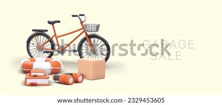 Yard sale. Realistic bicycle with basket, lifebuoy, books, binoculars, cardboard box. Time to sell off extra stuff. Template with place for text, address. Concept of decluttering
