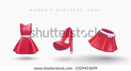 Womens wardrobe items. Realistic dress, skirt, high heel shoe. Colored icons to indicate product categories, sections in store. Cute illustration for modern design