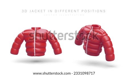 Realistic 3d jacket in different positions. Poster with place for text for clothing store. Vector design with background in red and white colors in cartoon style