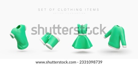 3D images of green clothes. Isolated icons T shirt, shorts, dress, sweatshirt. Everyday wardrobe items set. Illustrations for web design, advertising, mobile applications
