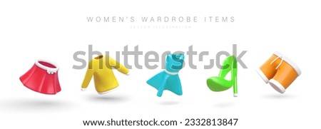 Modern women clothing and shoes. Colored realistic icons on white background. Skirt, sweatshirt, dress, shoes, shorts. Set of isolated vector images. Daily outfit
