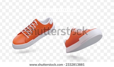 Pair of realistic sneakers. Colorful stylish modern lace up shoes. Sports style, high sole. Isolated vector illustration, top and bottom view. Idea for shoe store