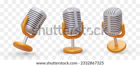 Set of 3D metal microphones on stand. Retro sound recording equipment. Vintage studio concert microphone. Colored vector isolated illustration. Images for music apps, karaoke