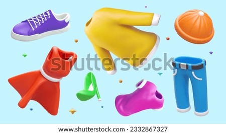 Bright colored 3D clothes, shoes, hats. Realistic objects on blue background. Large assortment of clothes and accessories. Commercial concept for store, showroom, exhibition