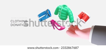 Donation of clothes and shoes. 3D hand holds out women and men clothes. Volunteering concept. Vector template for charity, fair, event. Illustration in cartoon style