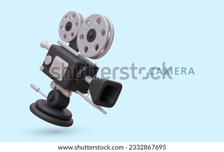 Horizontal poster with 3D video camera. Equipment for shooting films, videos, clips. Services of professional operator. Equipment rental. Concept with text