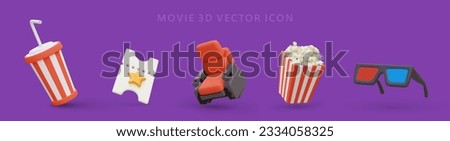 Collection of cinema isolated colorful illustrations. 3D icons on purple background. Graphic elements of web design for movie theatre. Image in cartoon style