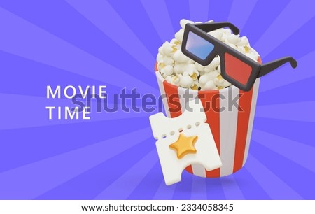 Movie time. Bright commercial poster with text. 3D cup of popcorn, anaglyph glasses, tear off ticket. Symbols for convenient movie viewing. Concept on background of violet rays