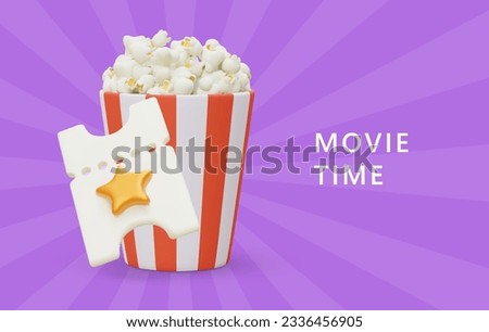 Advertising cinema, rental, online viewing of films. Realistic illustration on background of colored rays. Movie time. Ticket sales service for session. Cartoon style concept