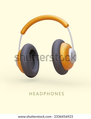 3D over ear headphones in fashionable color. Modern gadgets on batteries. DJ equipment. Vertical commercial poster with text. Concept for game, movie, radio, music