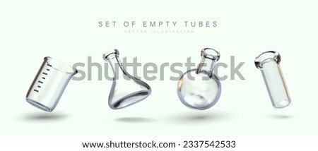 Set of glassware for laboratory research, analyzes. Empty glass containers of various sizes and shapes. Classic laboratory equipment. Glowing vector illustration
