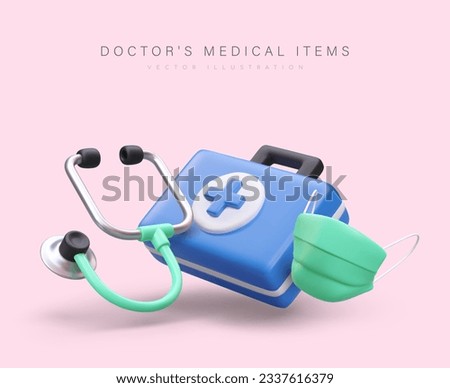 3d realistic doctor medical items. Web poster with kit for medical worker. First aid kit, protection for doctor. Medical help concept. Vector illustration with place for text