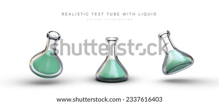 3D laboratory conical flask with liquid. Test tube with flat bottom. Beaker in different positions. Erlenmeyer flask. Set of isolated vector images. Icons for chemists, physicists, laboratories