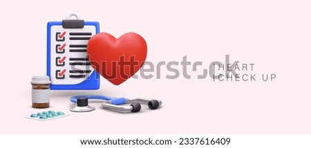 Medical kit for first help for patient. Heart check up with stethoscope in hospital. Health heart concept. Department of cardiology. Vector illustration with place for text