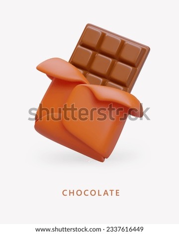 Realistic chocolate bar, half unfolded. Vertical vector poster, 3D illustration, place for text. Concept for sweet shops, fairs, cafes. Sweets from cocoa beans