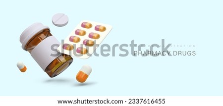 3d realistic jar, round pills and medicine in capsules. Concept of pharmacy drugs. Medical web poster with place for text. Prescribing medications. Vector illustration with blue background