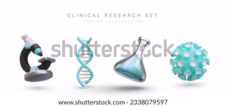 Set of 3D images of clinical research. Detailed illustrations of microscope, DNA double helix, flask with liquid, coronavirus. Vector icons in cartoon style